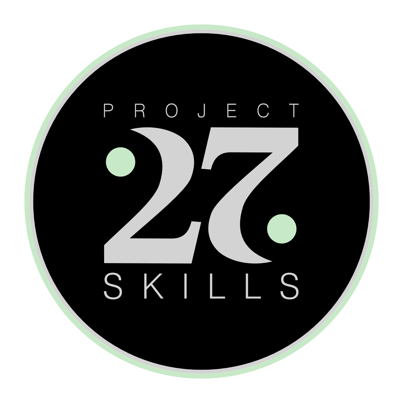 A circular design with Project 27 Skills written in the middle of the logo. The black background is outlined with a grey and a green ring.